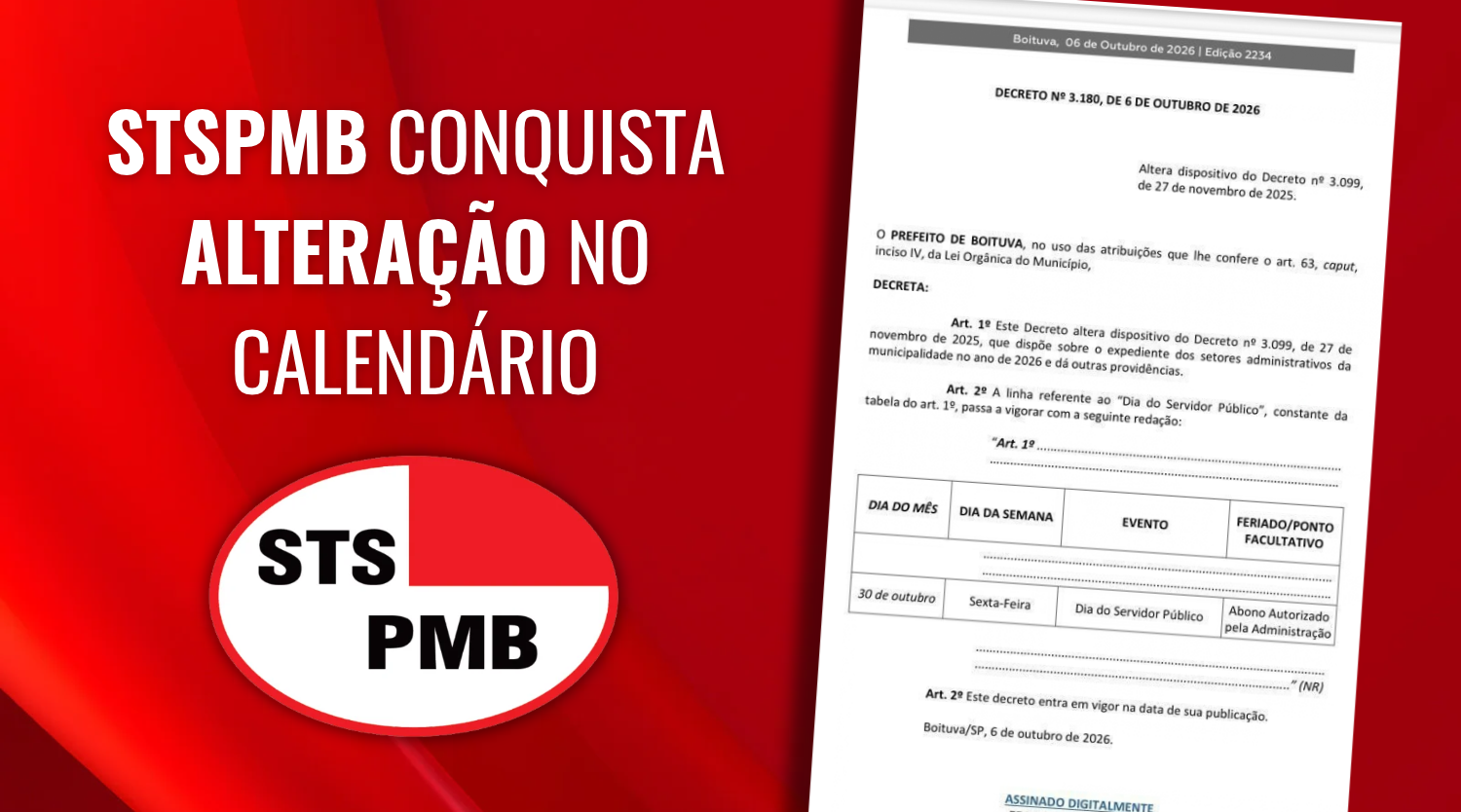 STSPMB conquista alteração no calendário: Dia do Servidor Público será comemorado em 30 de outubro